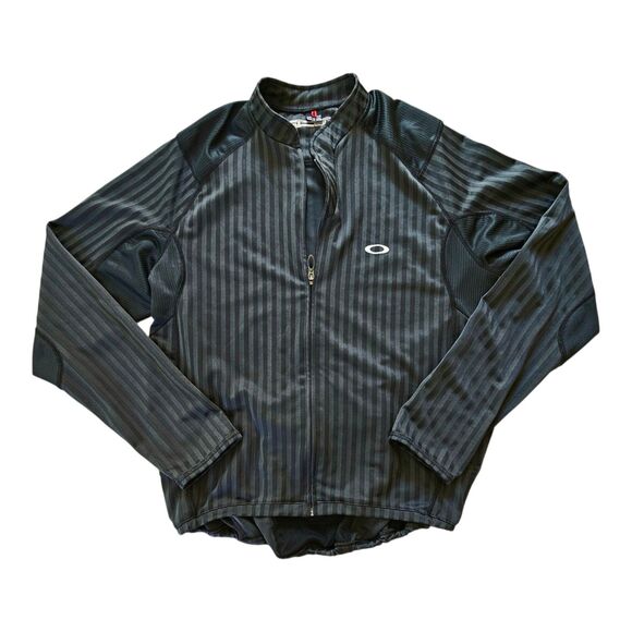 Oakley Mens L Black Stripe Cycle Bike Shirt Full Zip Pockets - Picture 1 of 8